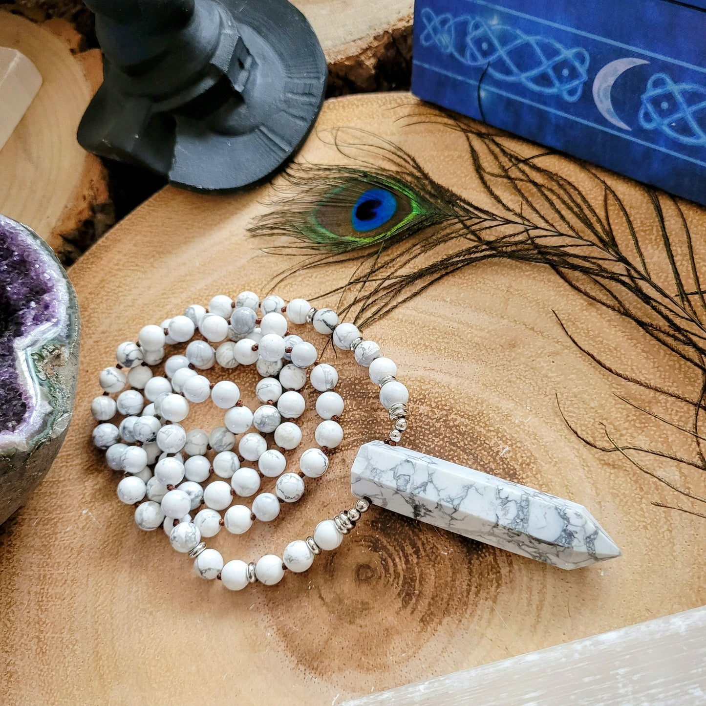 Howlite necklace with large point pendant knotted mala crystal healing witchy jewellery gift for him or her calming meditation jewelry