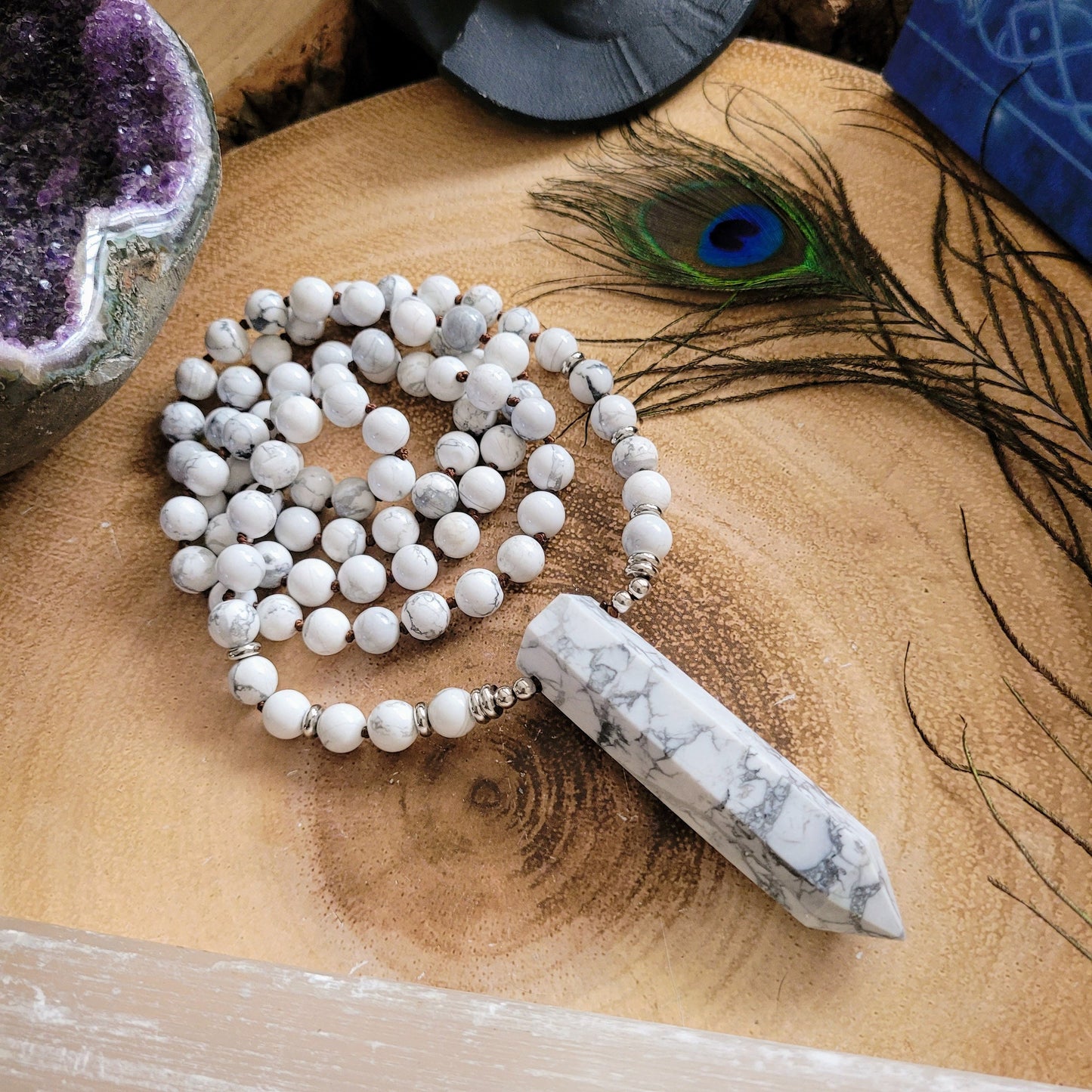 Howlite necklace with large point pendant knotted mala crystal healing witchy jewellery gift for him or her calming meditation jewelry