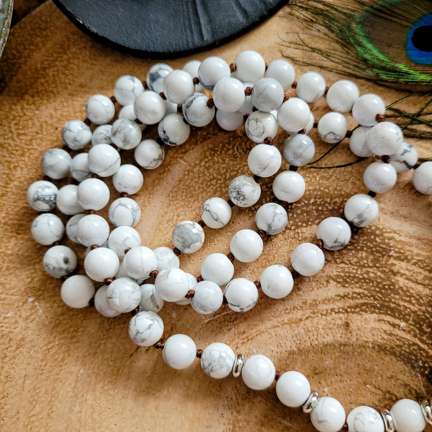 Howlite necklace with large point pendant knotted mala crystal healing witchy jewellery gift for him or her calming meditation jewelry