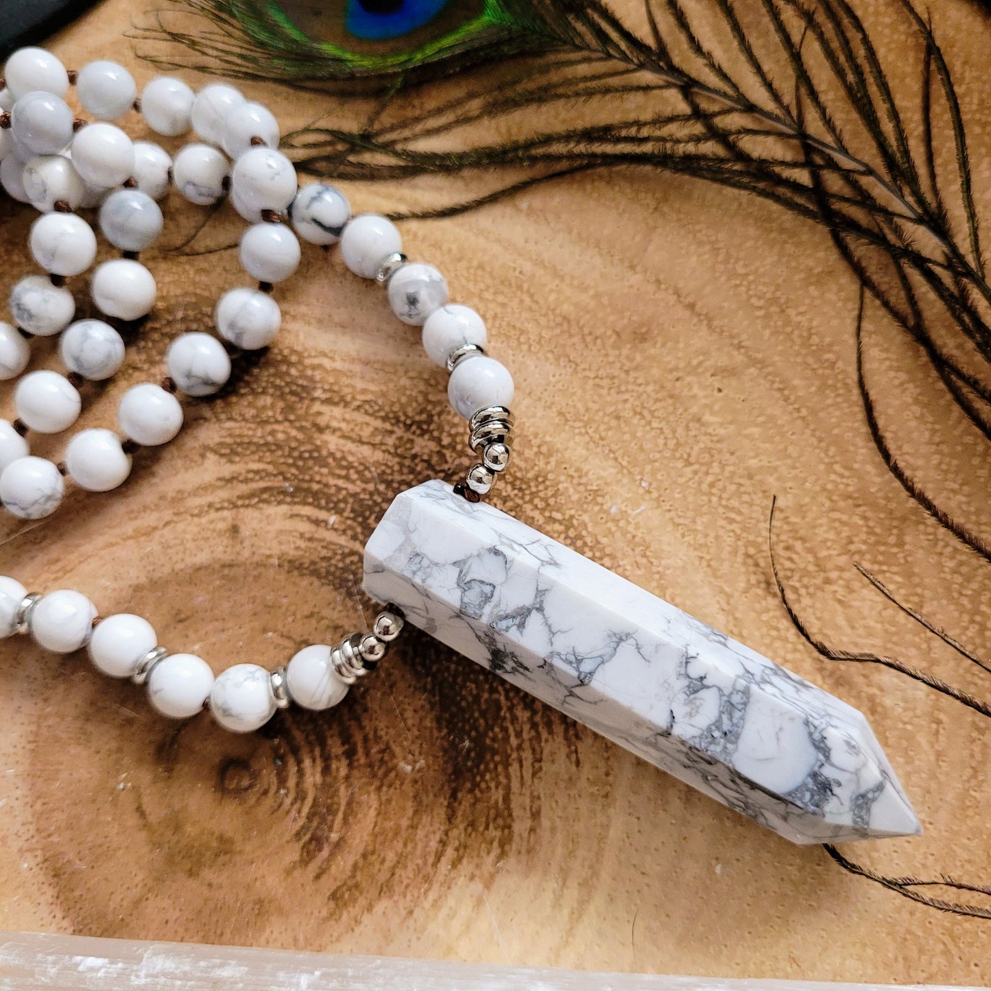 Howlite necklace with large point pendant knotted mala crystal healing witchy jewellery gift for him or her calming meditation jewelry