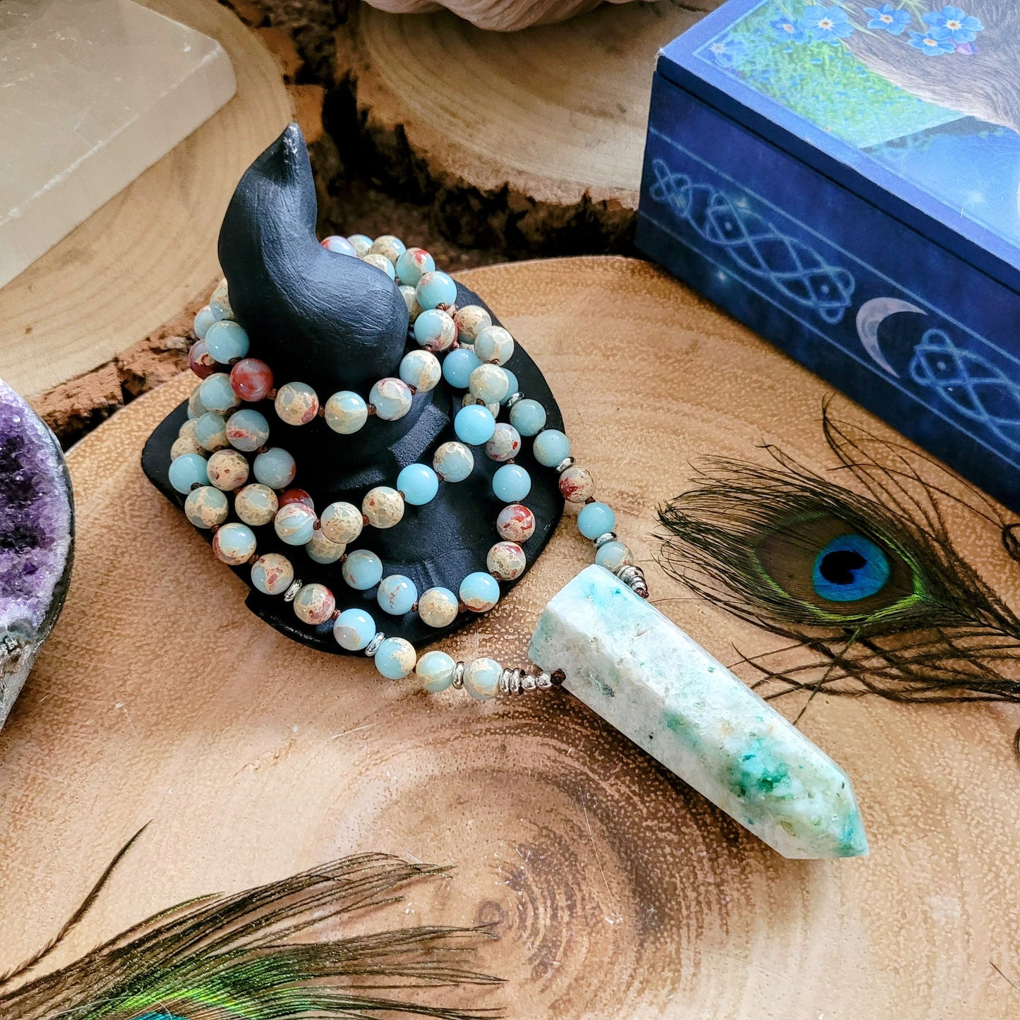 Sea sediment necklace with large pheonix stone point pendant knotted mala crystal healing gift for him or her meditation jewellery