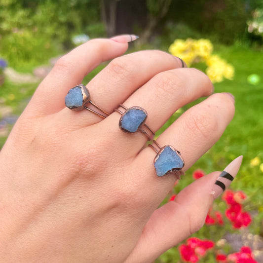 Aquamarine antique style adjustable size ring crystal healing natural stone witchy vintage jewelry raw stone ring