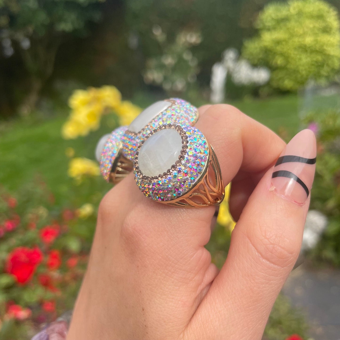 Moonstone gold cuff ring diamanté embellished bling crystal healing natural stone statement sparkly ring witchy boho jewellery