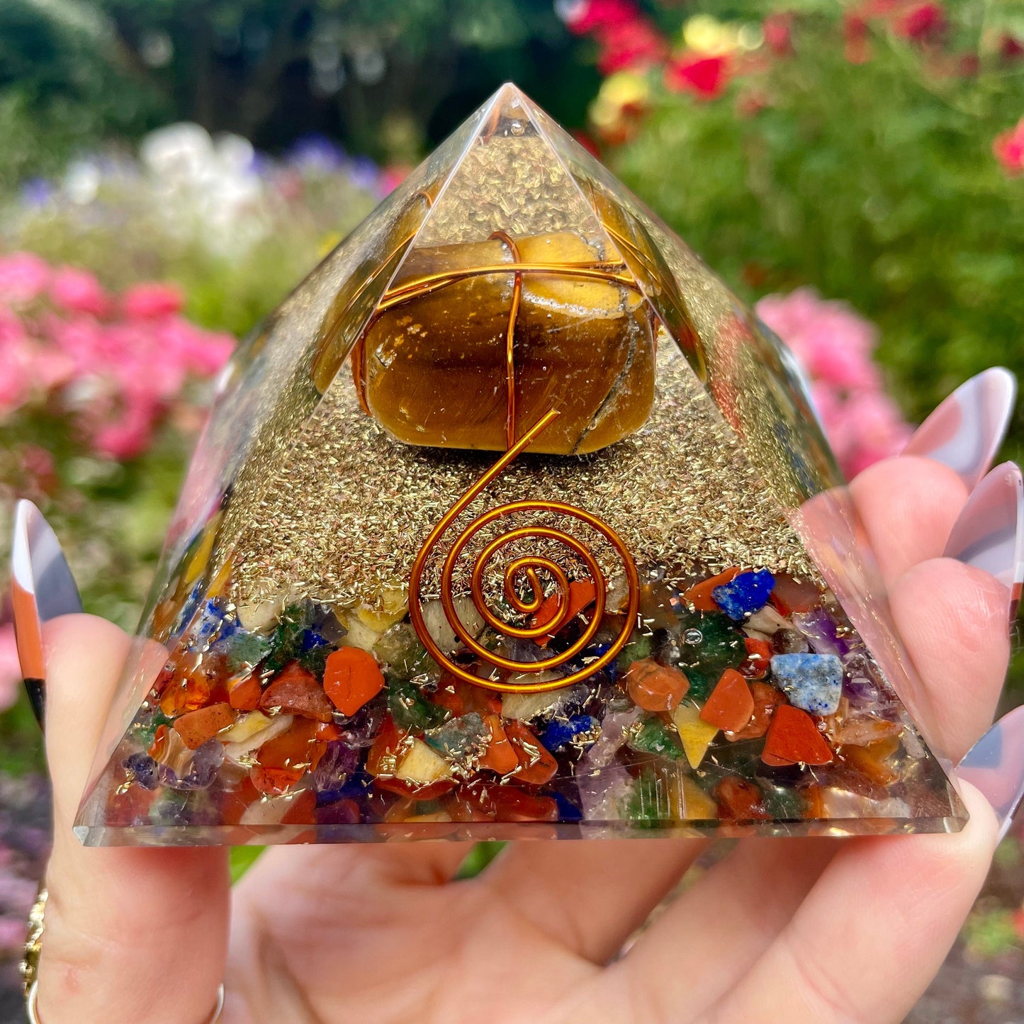 Tigers Eye Chakra orgone pyramid crystal healing natural stone energy generator for balance and reiki healing