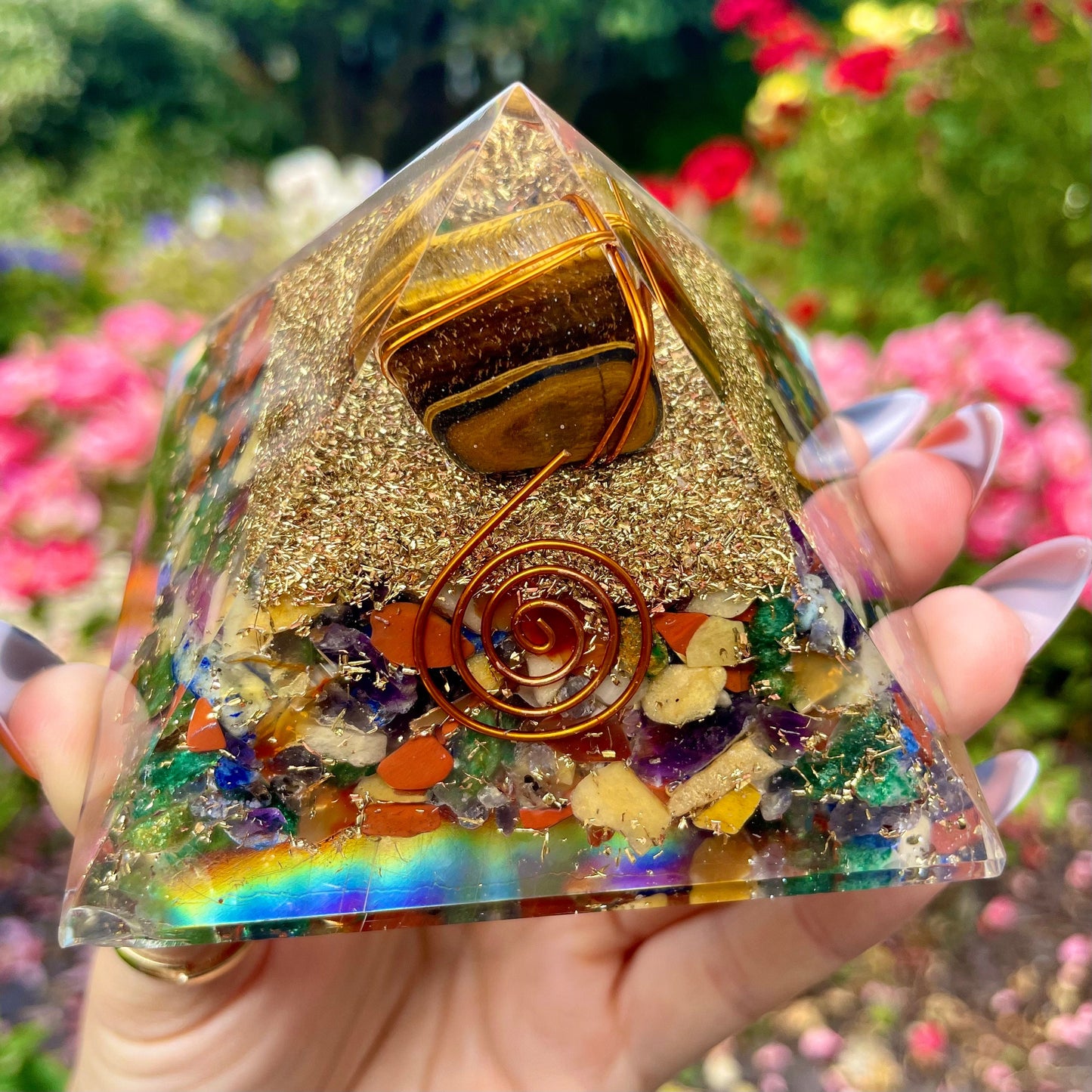 Tigers Eye Chakra orgone pyramid crystal healing natural stone energy generator for balance and reiki healing