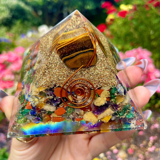 Tigers Eye Chakra orgone pyramid crystal healing natural stone energy generator for balance and reiki healing