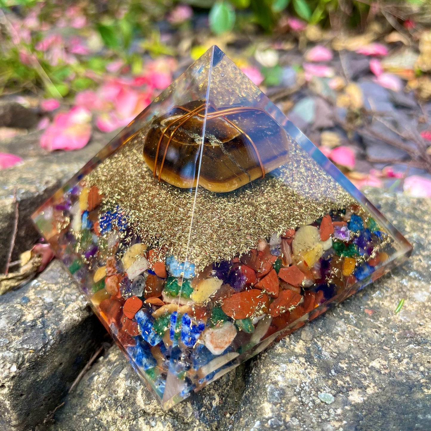 Tigers Eye Chakra orgone pyramid crystal healing natural stone energy generator for balance and reiki healing