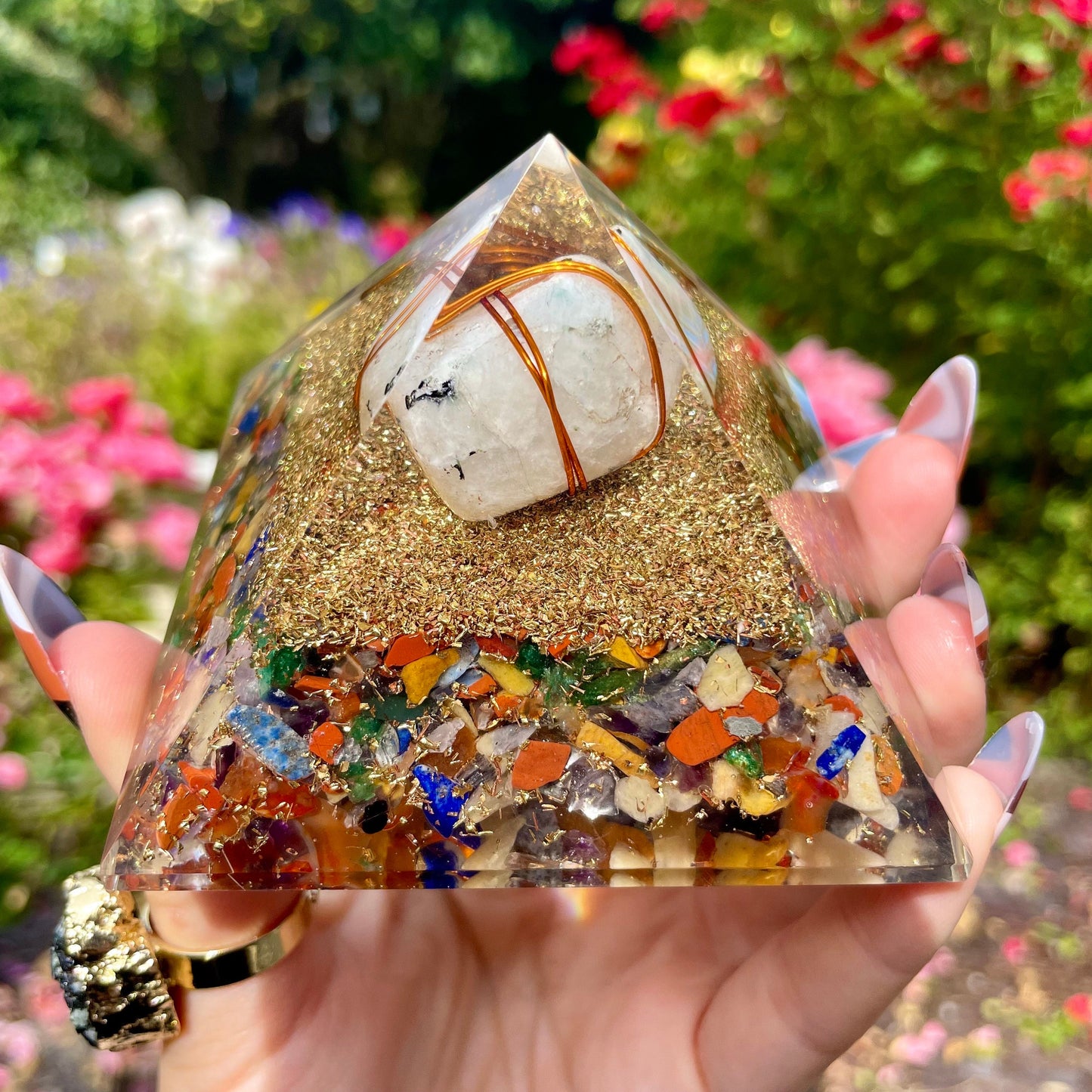 Rainbow Moonstone Chakra orgone pyramid crystal healing natural stone energy generator for balance and reiki healing