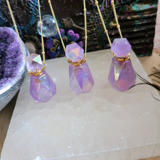 Amethyst aura perfume bottle Crystal healing necklace pendant gift for her aromatherapy essential oil carrier jewellery for women