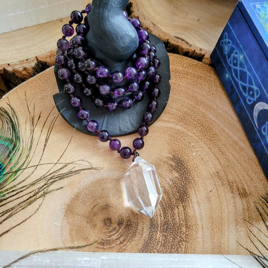 Amethyst necklace clear quartz double terminated point pendant mala jewellery for her witchy gift for men or women