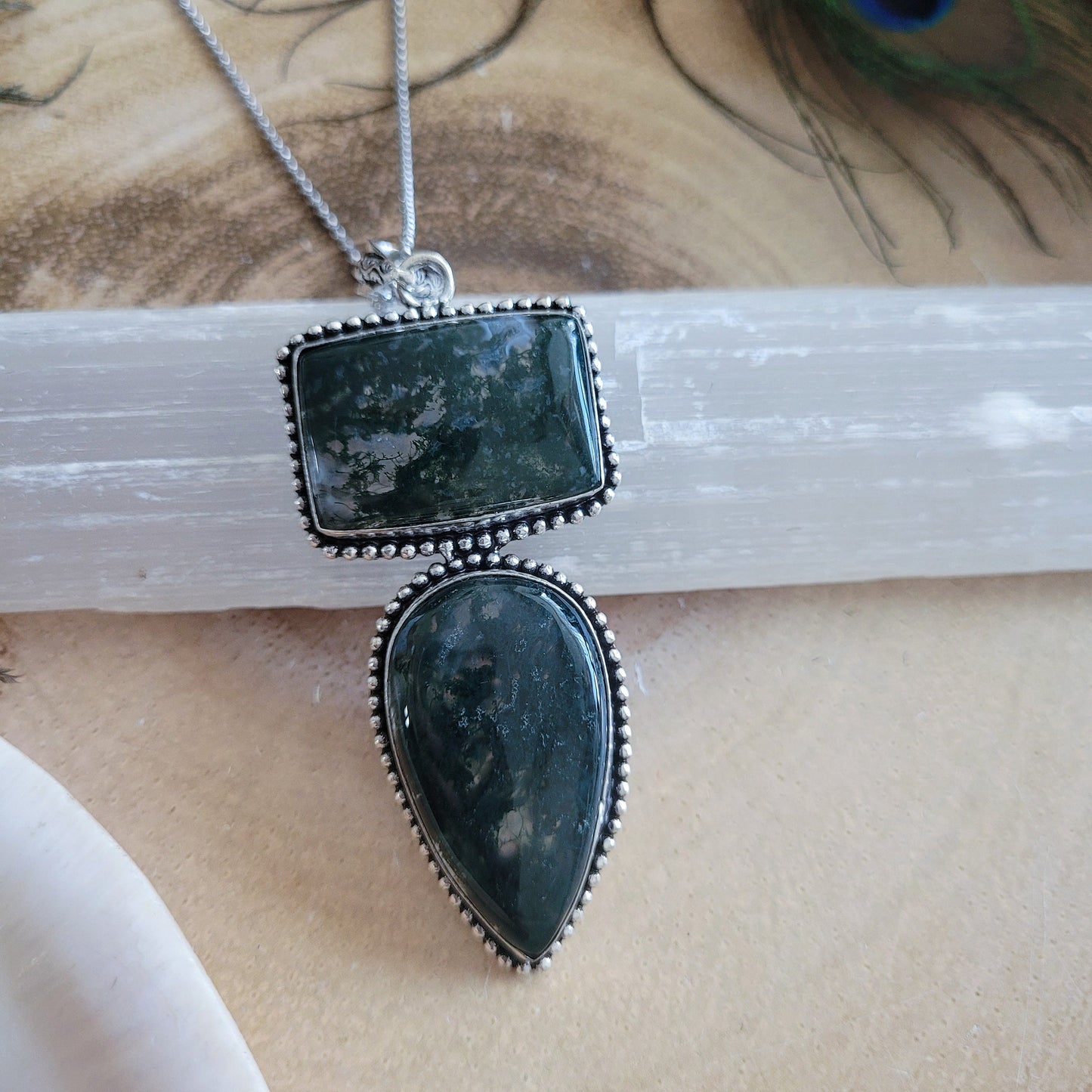 green moss agate pendant necklace witchy jewellery gift for him or her crystal healing jewelry for women 925 silver