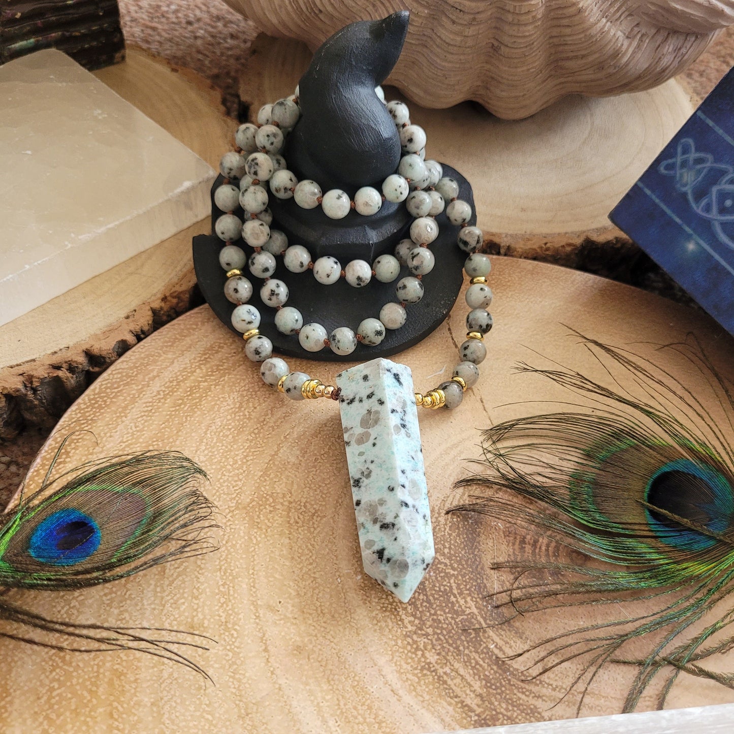 Kiwi jasper necklace knotted mala point pendant crystal healing witchy jewellery gift for him gift for her