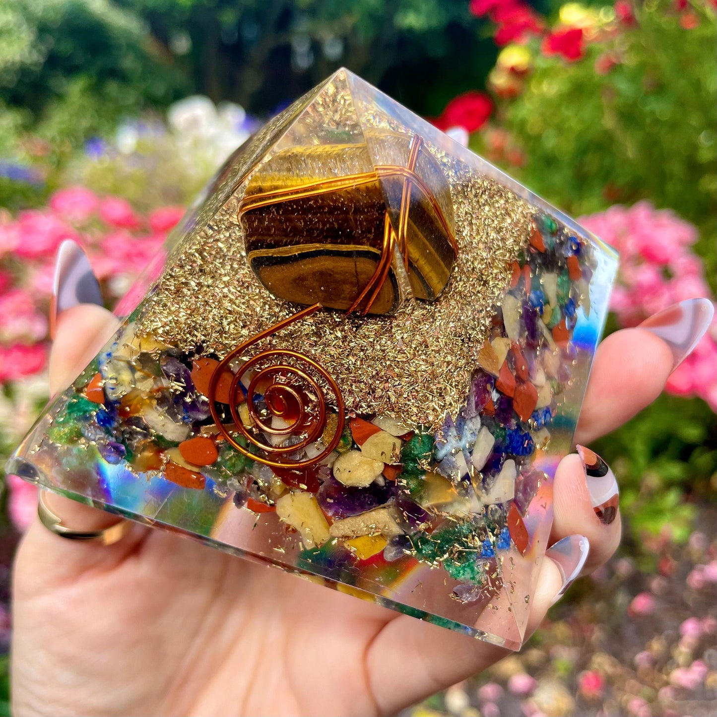 Tigers Eye Chakra orgone pyramid crystal healing natural stone energy generator for balance and reiki healing