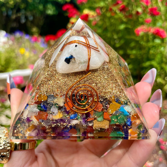 Rainbow Moonstone Chakra orgone pyramid crystal healing natural stone energy generator for balance and reiki healing