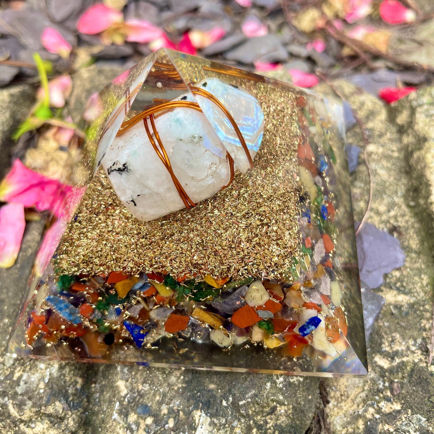 Rainbow Moonstone Chakra orgone pyramid crystal healing natural stone energy generator for balance and reiki healing