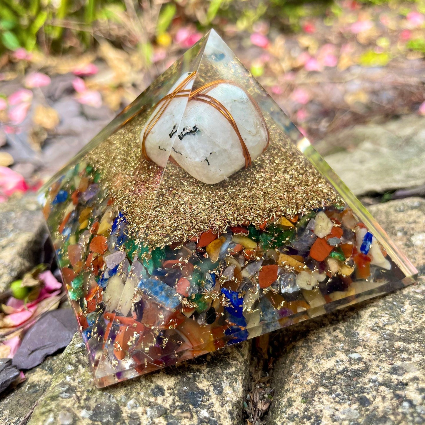 Rainbow Moonstone Chakra orgone pyramid crystal healing natural stone energy generator for balance and reiki healing