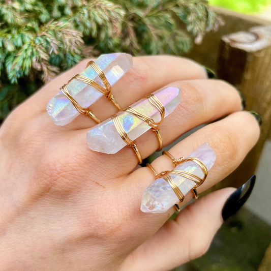 Angel Aura Quartz ring adjustable raw stone Crystal healing natural stone jewelry