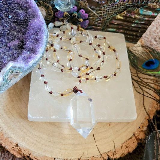 Citrine necklace with clear quartz  double terminated point pendant crystal healing natural stone mala witchy gift for him or her