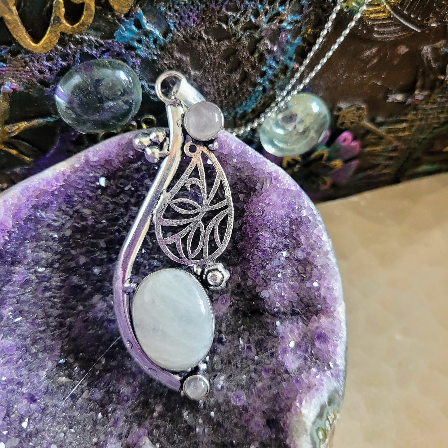 Rose Quartz and moonstone Pendant necklace 925 Silver natural stone crystal healing for women Heart Chakra love