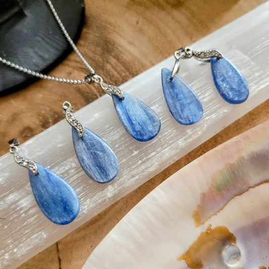 Kyanite teardrop pendant necklace, crystal healing jewellery for him or her witchy jewelry for women throat chakra