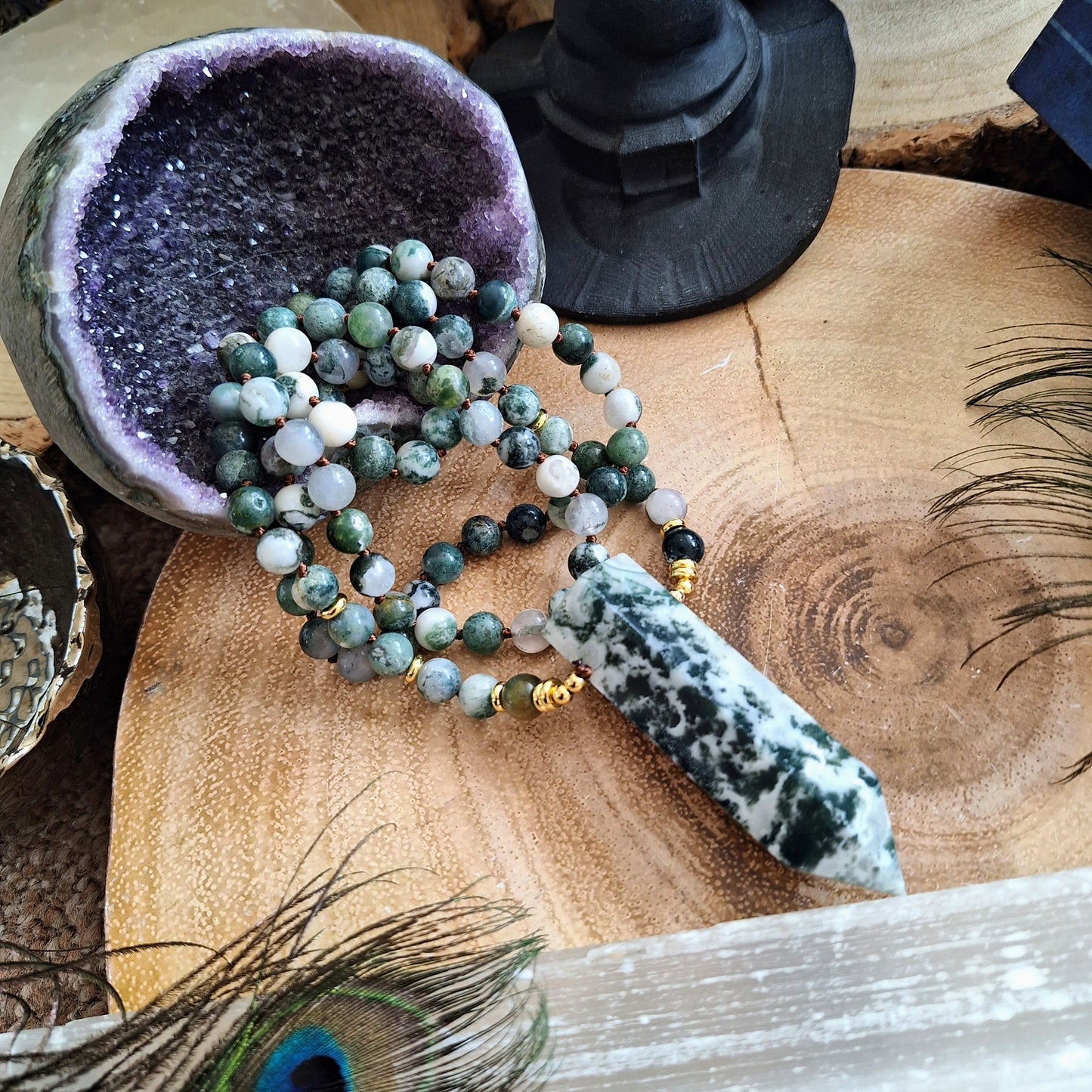 Tree agate necklace knotted mala point pendant crystal healing witchy jewellery gift for him gift for her