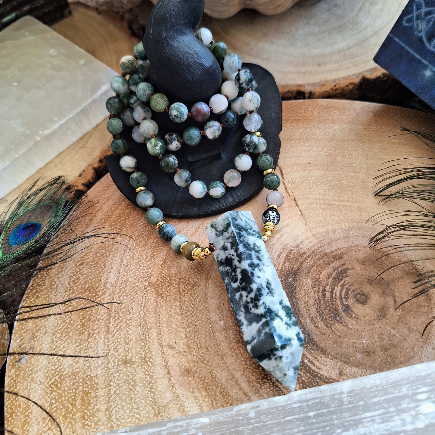 Tree agate necklace knotted mala point pendant crystal healing witchy jewellery gift for him gift for her