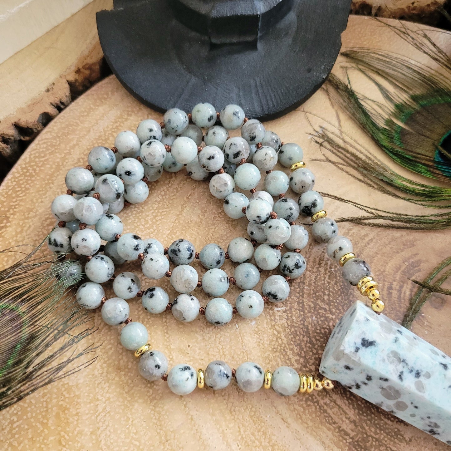 Kiwi jasper necklace knotted mala point pendant crystal healing witchy jewellery gift for him gift for her