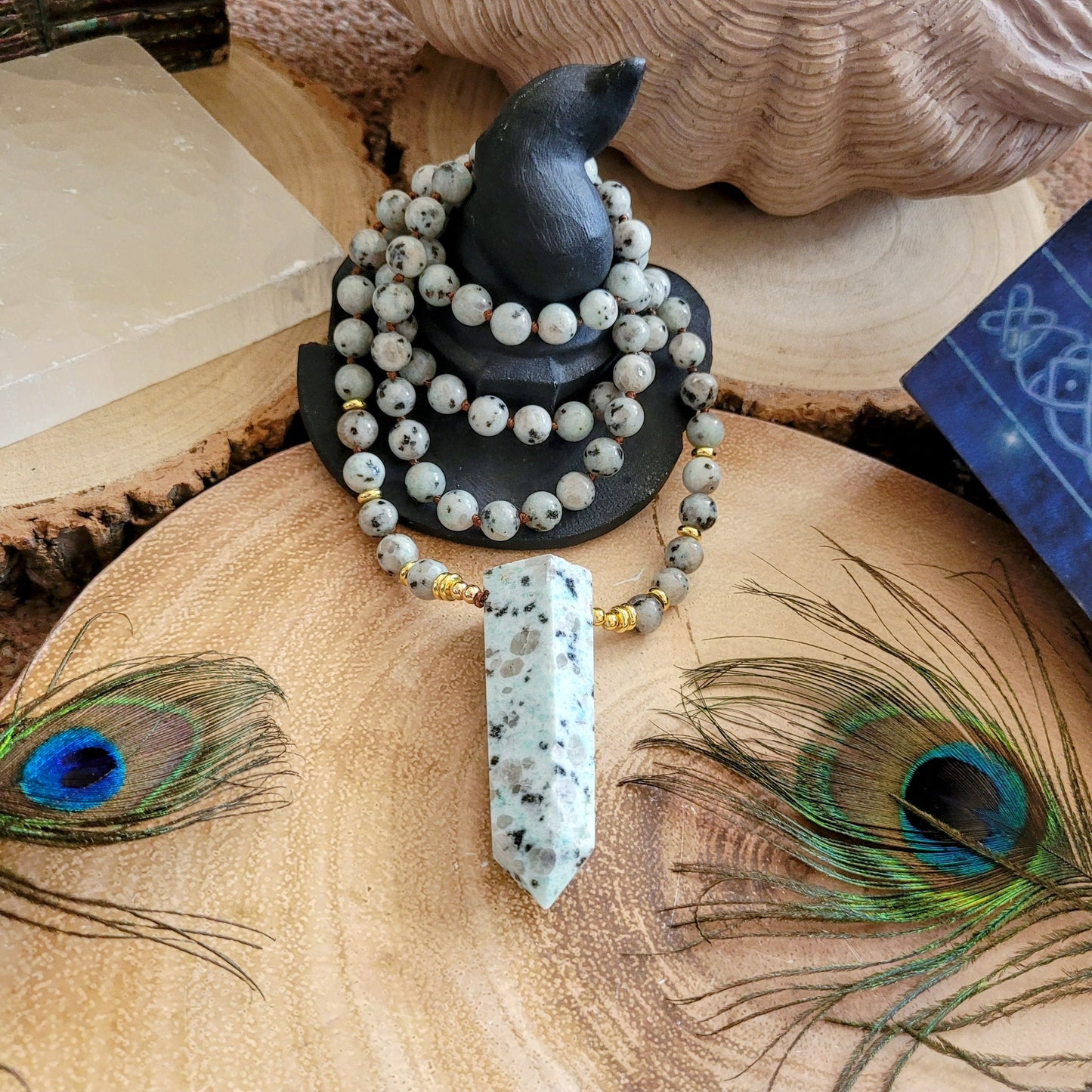 Kiwi jasper necklace knotted mala point pendant crystal healing witchy jewellery gift for him gift for her