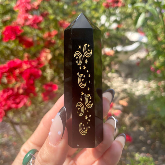 Black Obsidian Tower Celestial Moon Engraved Obelisk Spiritual Home Decor