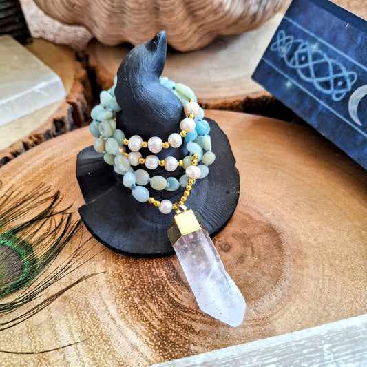 Amazonite Mother of Pearl and clear quartz knotted necklace Crystal healing gift for him or her witchy jewellery for women