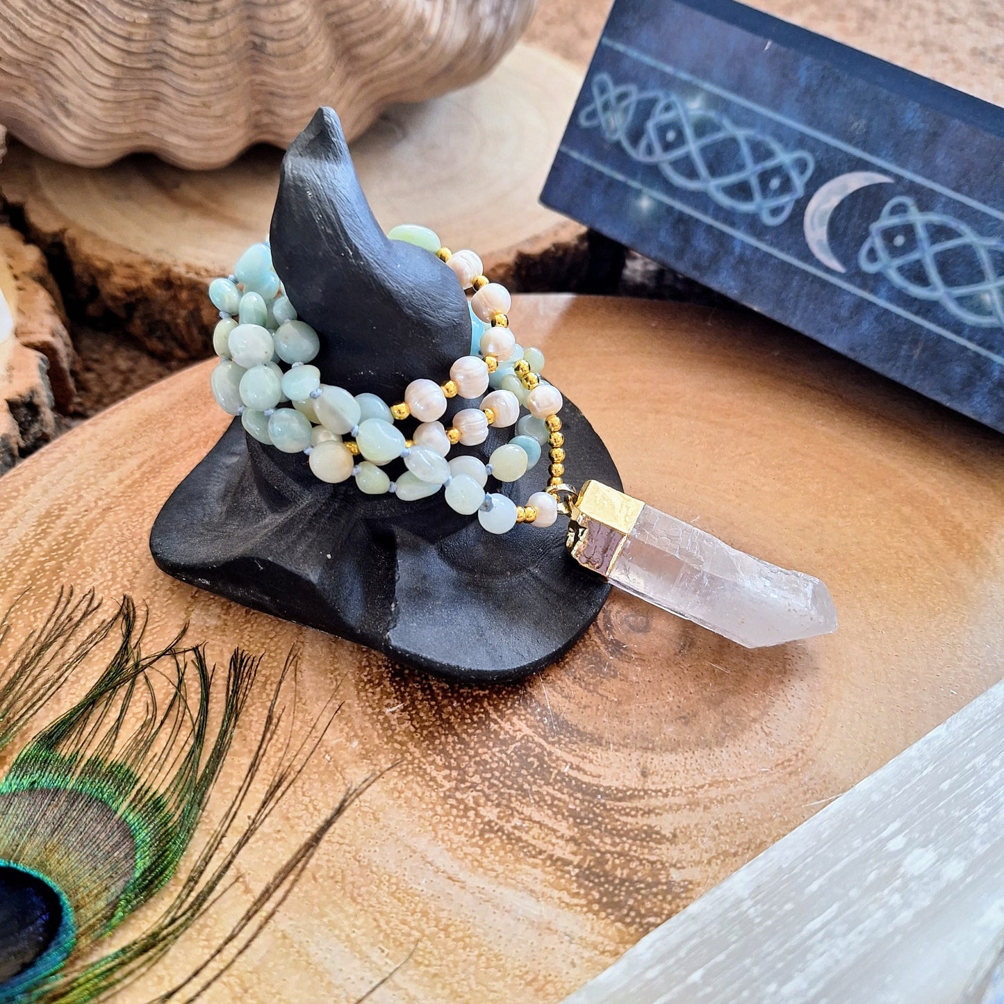 Amazonite Mother of Pearl and clear quartz knotted necklace Crystal healing gift for him or her witchy jewellery for women