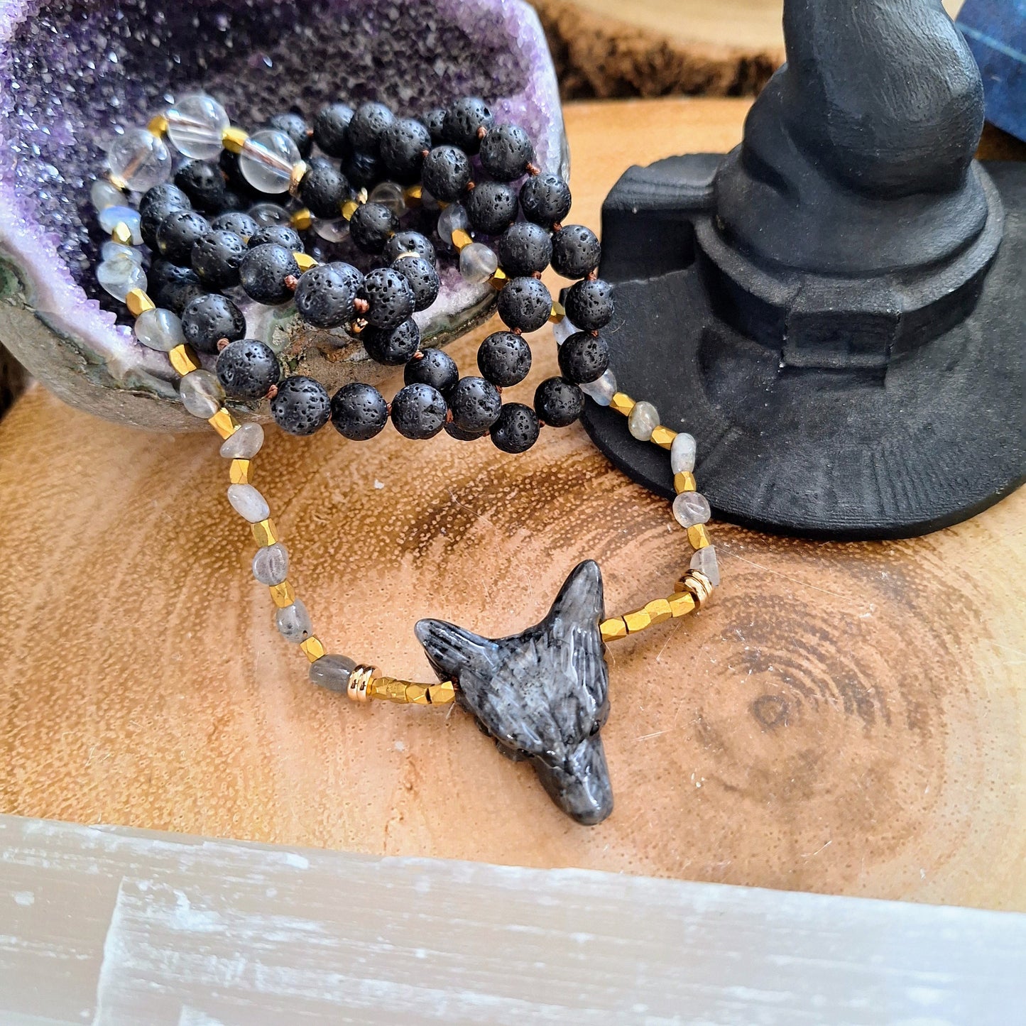 larvikite wolf necklace with clear quartz crystal healing witchy jewellery for him or her jewelry gift for men or women