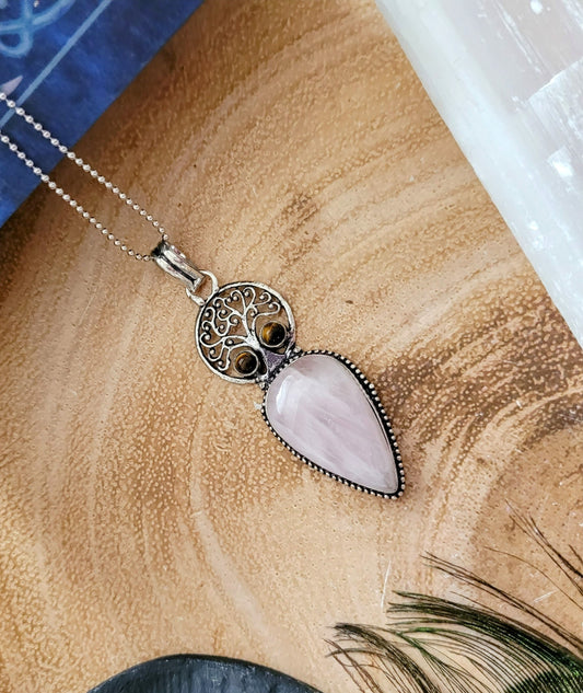 Rose Quartz and tigers eye Pendant necklace 925 Silver natural stone crystal healing for women Heart Chakra love protection