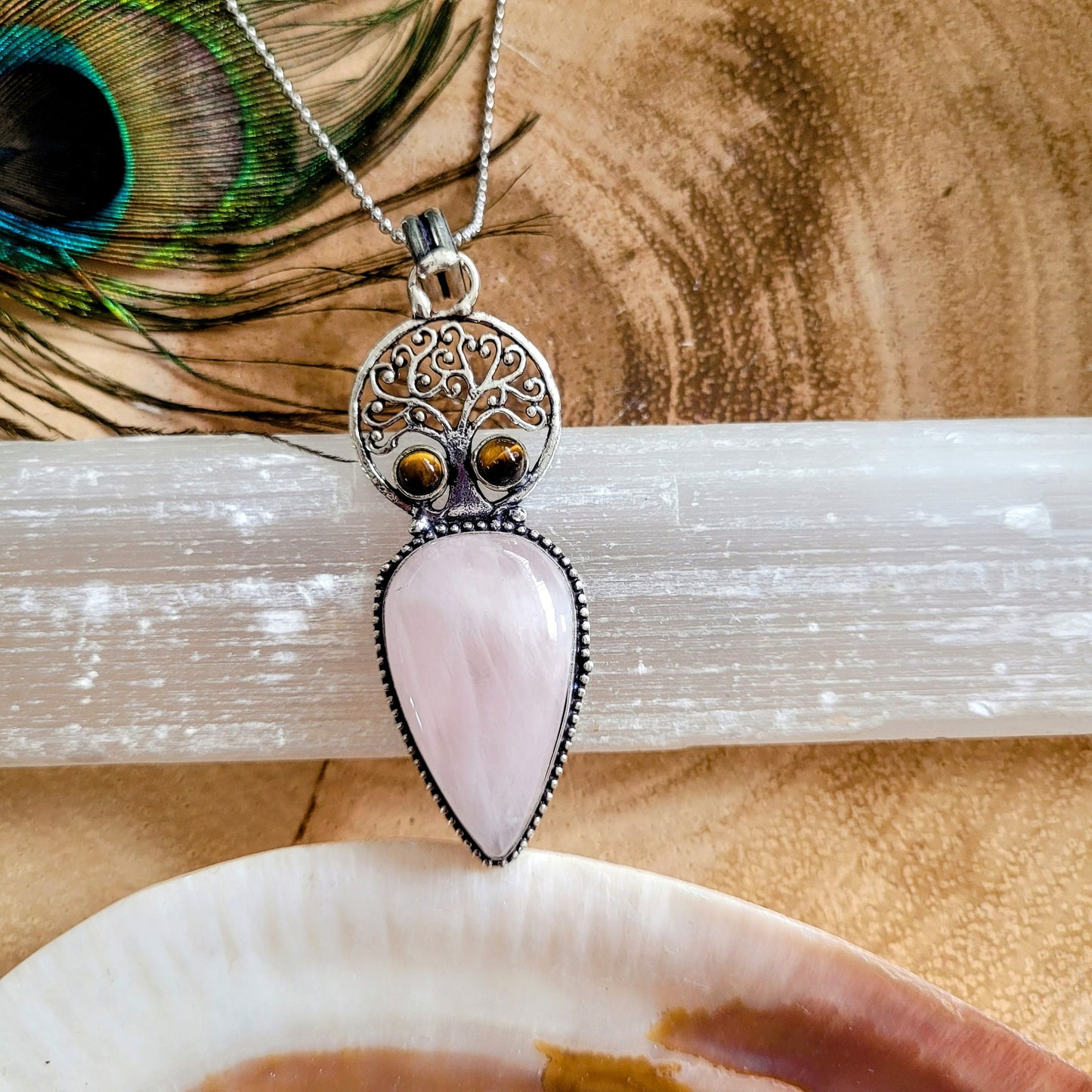 Rose Quartz and tigers eye Pendant necklace 925 Silver natural stone crystal healing for women Heart Chakra love protection