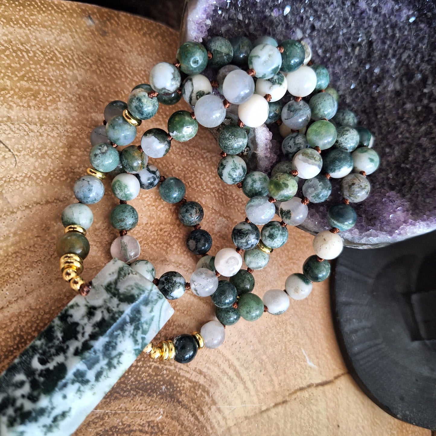 Tree agate necklace knotted mala point pendant crystal healing witchy jewellery gift for him gift for her