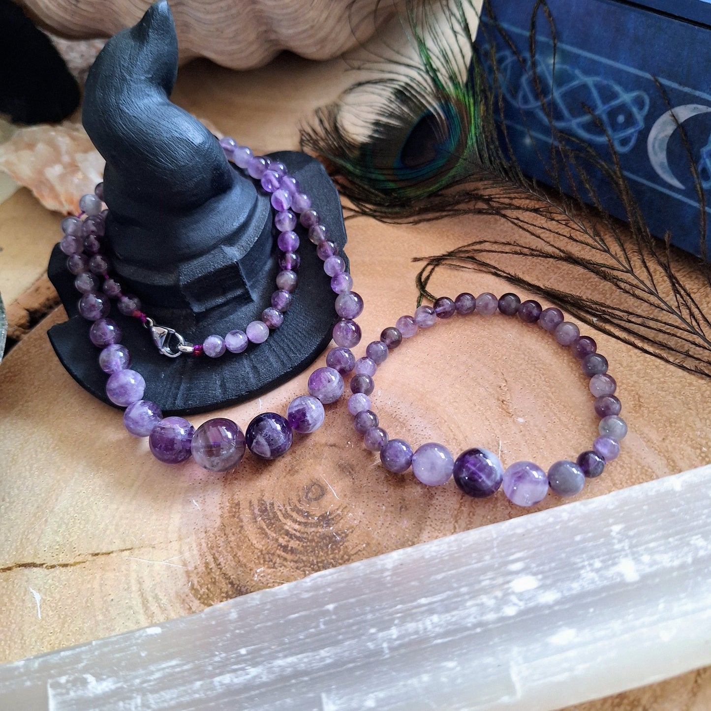 Dream amethyst beaded necklace and bracelet set