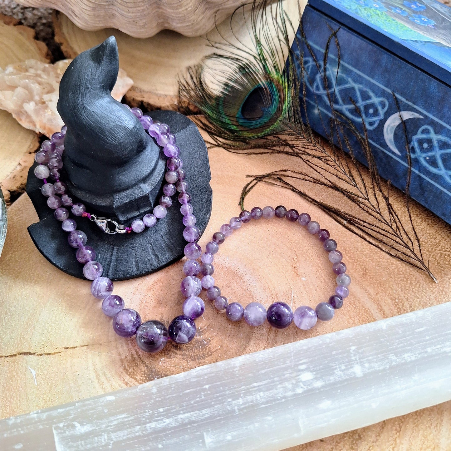 Dream amethyst beaded necklace and bracelet set