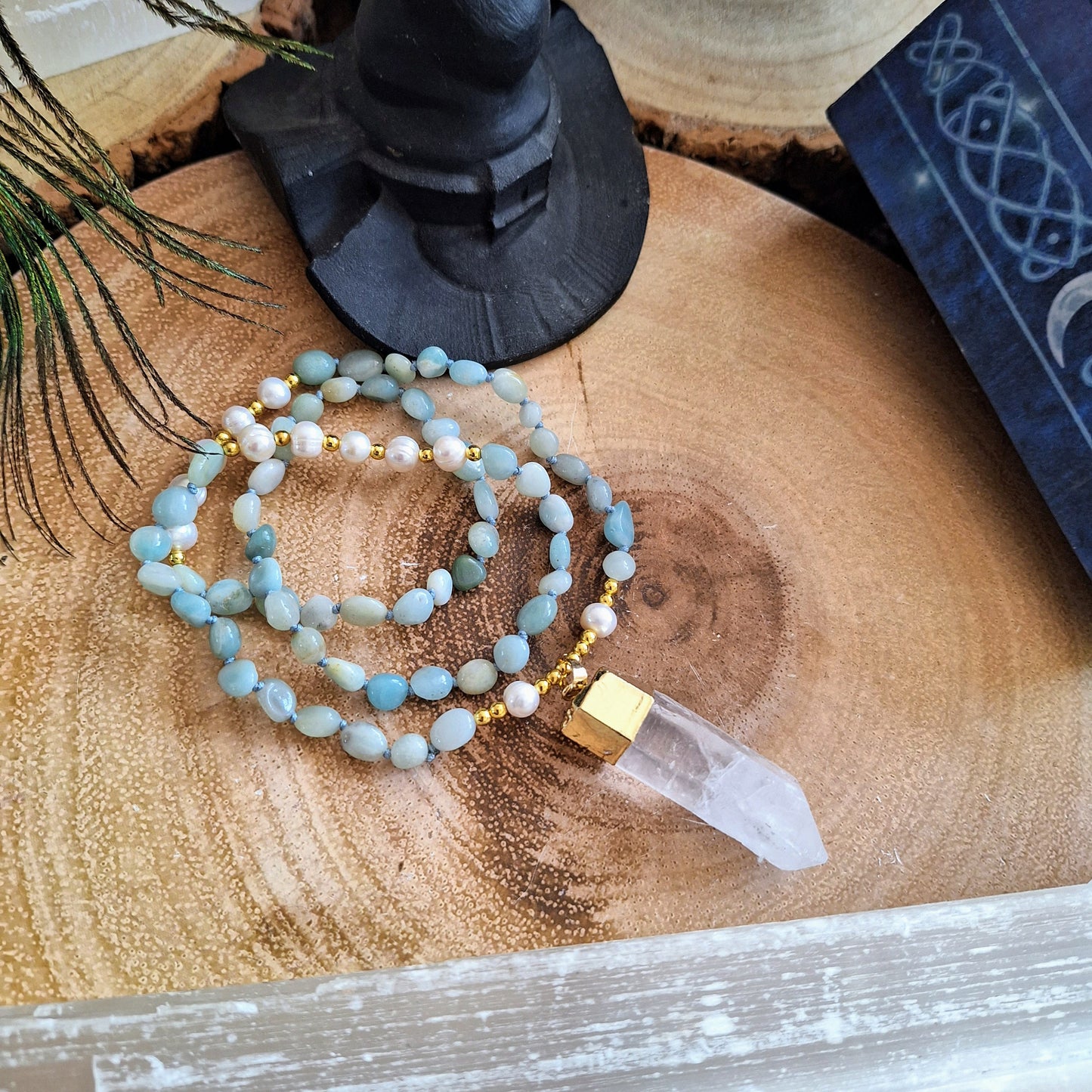 Amazonite Mother of Pearl and clear quartz knotted necklace Crystal healing gift for him or her witchy jewellery for women