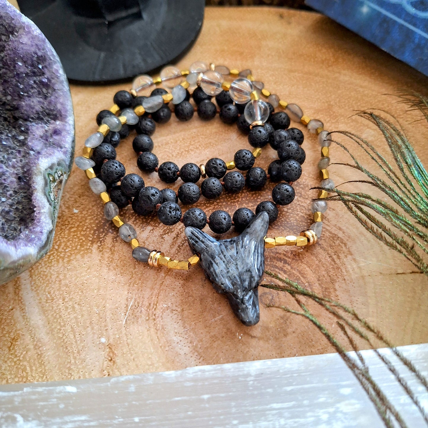 larvikite wolf necklace with clear quartz crystal healing witchy jewellery for him or her jewelry gift for men or women