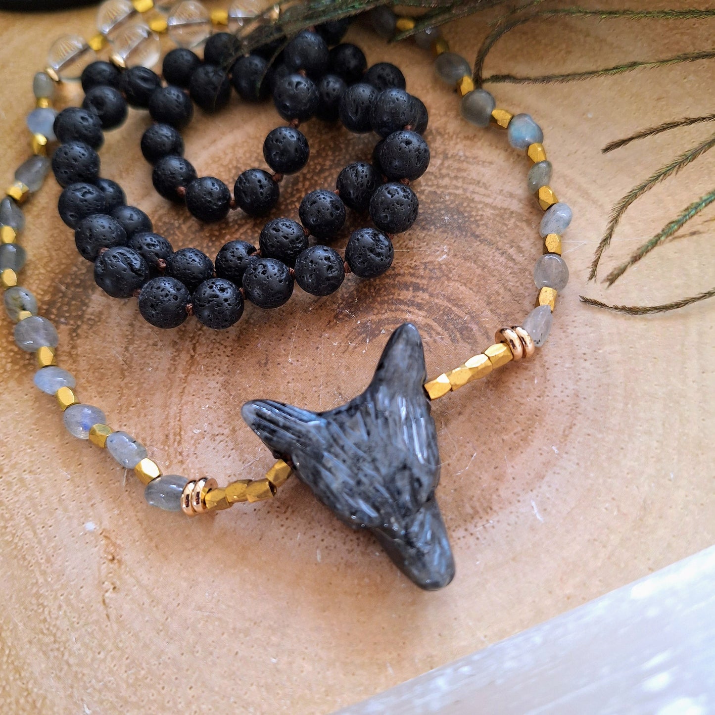 larvikite wolf necklace with clear quartz crystal healing witchy jewellery for him or her jewelry gift for men or women