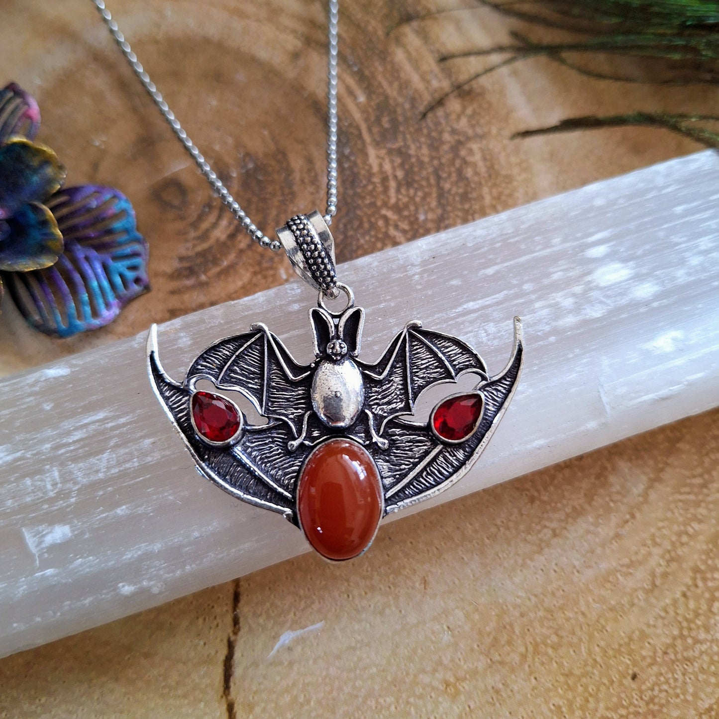 Carnelian bat Pendant necklace 925 Silver natural stone crystal healing for women protection gothic jewellery