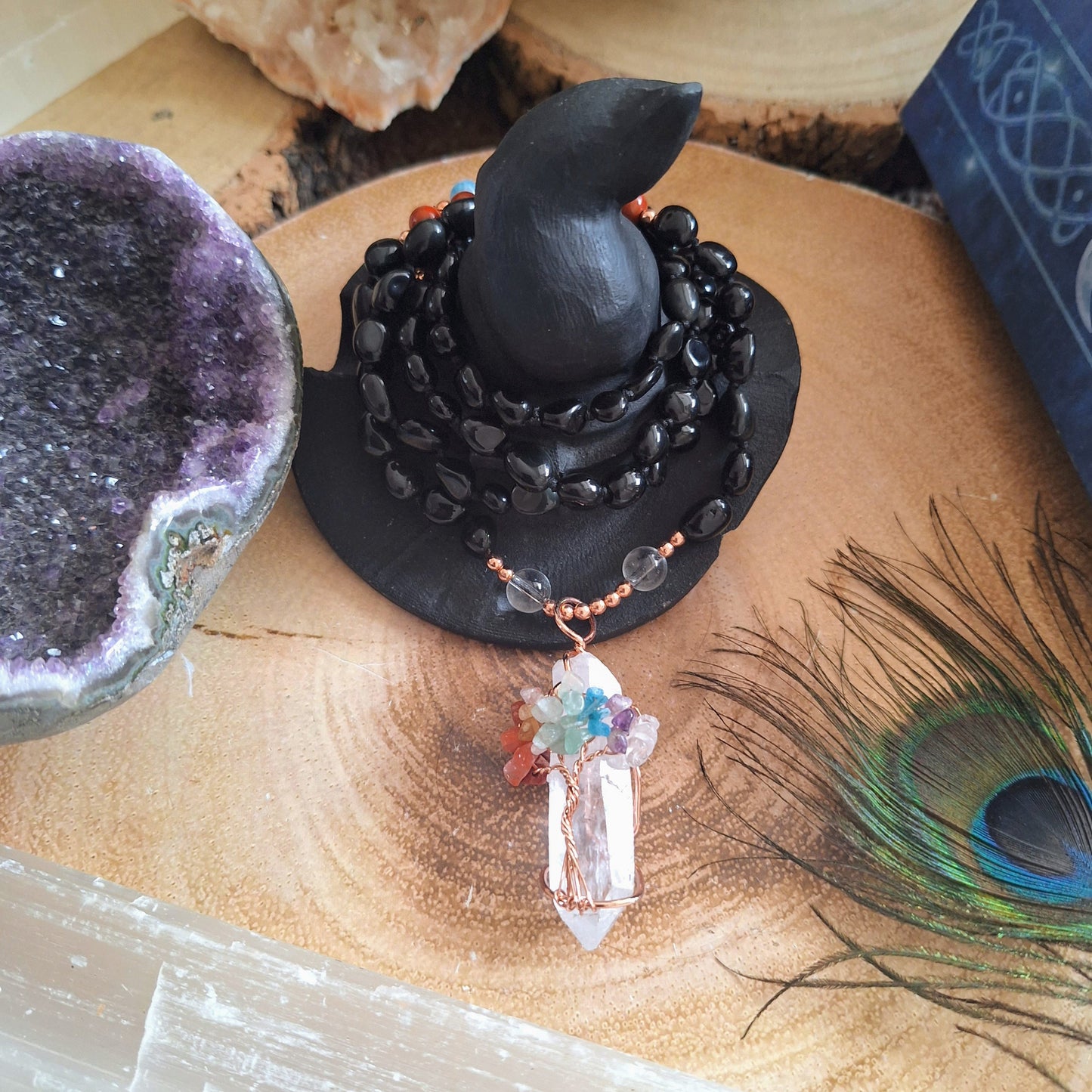 Black obsidian necklace with clear quartz chakra wire wrapped pendant Crystal healing bead mala womens jewellery gift for her witchy jewelry