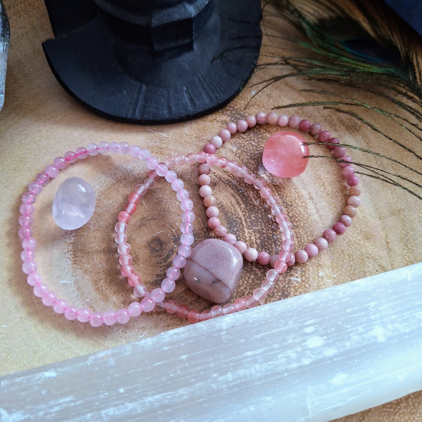 Rose quartz pink Bracelet and tumblestone set stacking stretchy crystal healing heart chakra gift for her