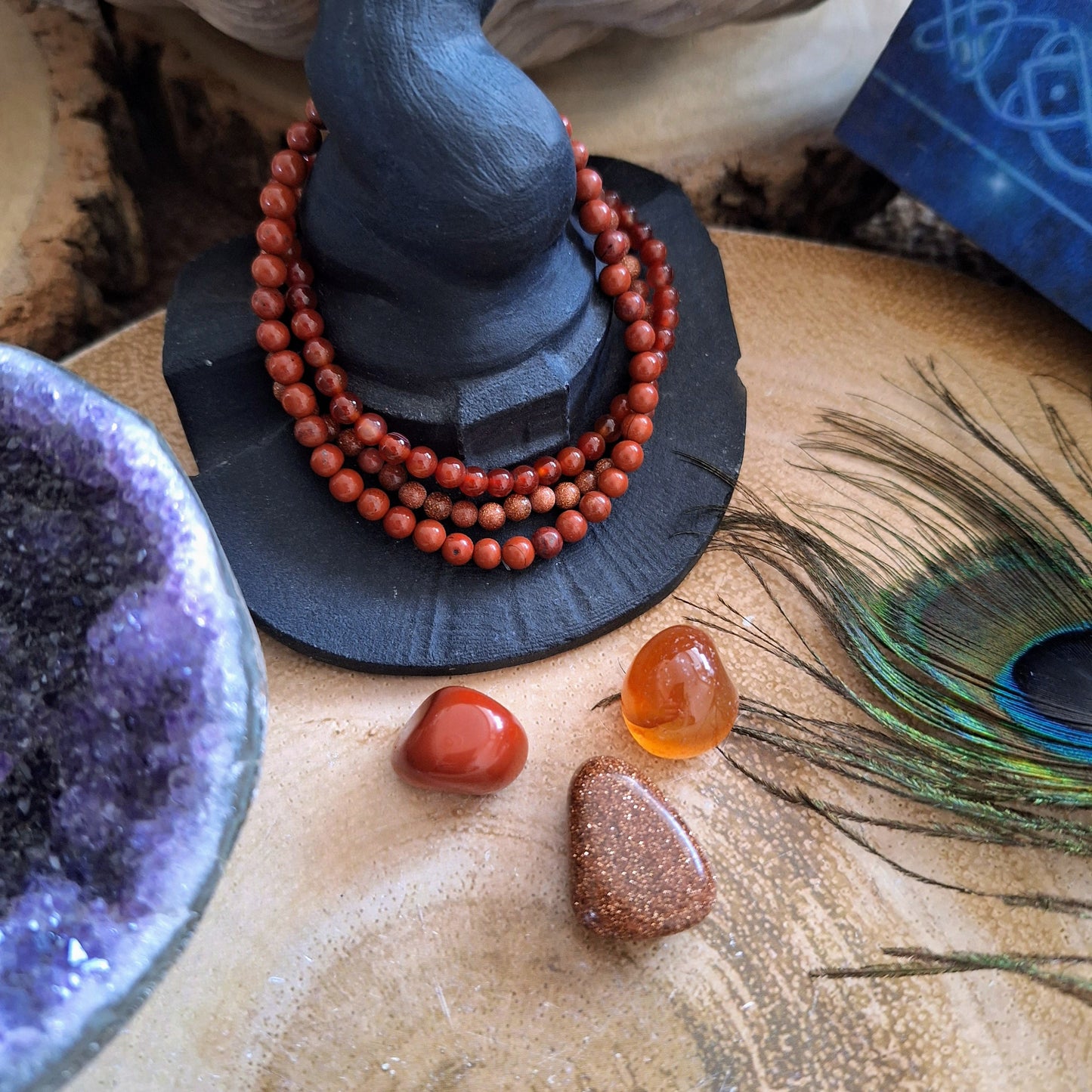 Carnelian red Bracelet and tumblestone set stacking stretchy crystal healing root chakra gift for her or him jasper