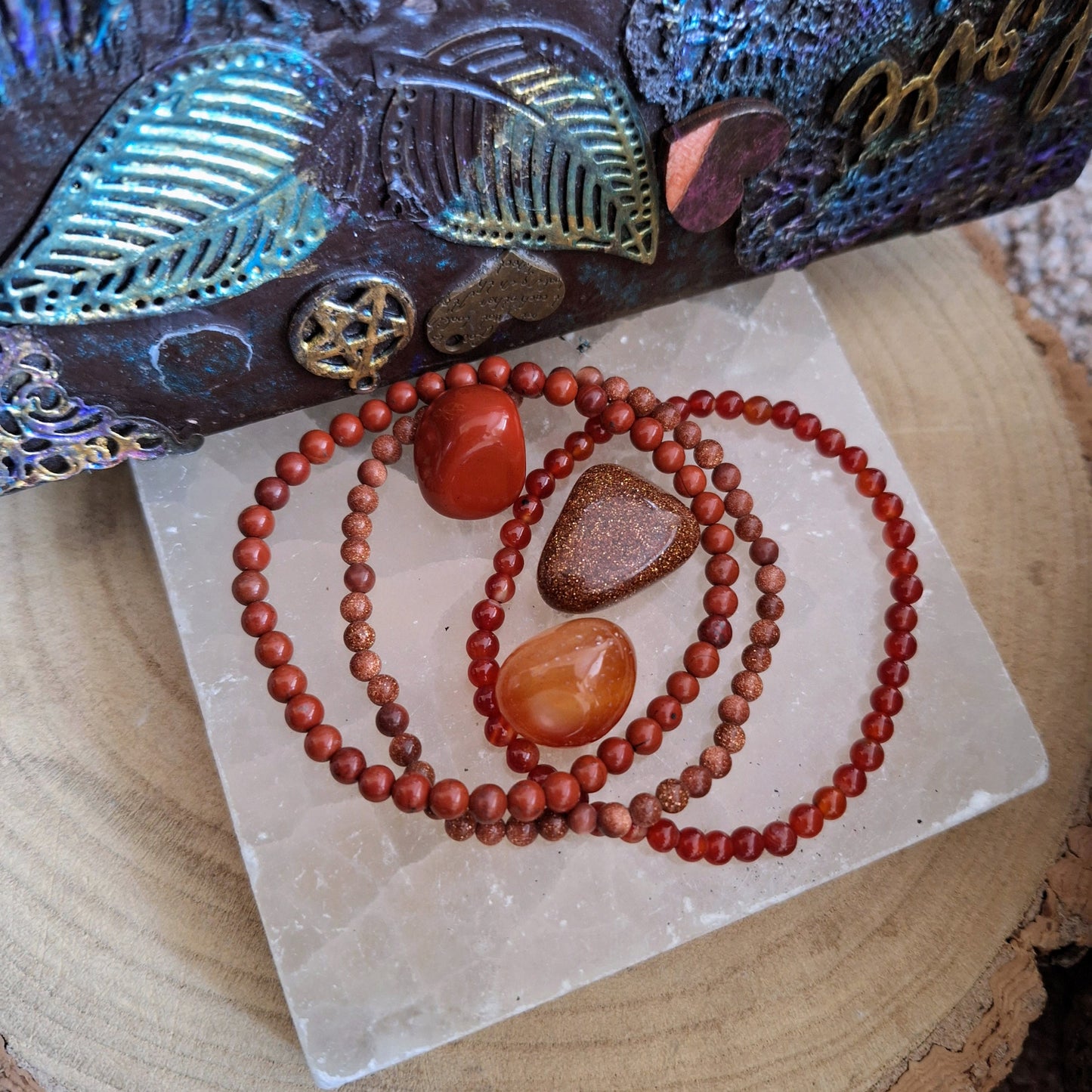 Carnelian red Bracelet and tumblestone set stacking stretchy crystal healing root chakra gift for her or him jasper