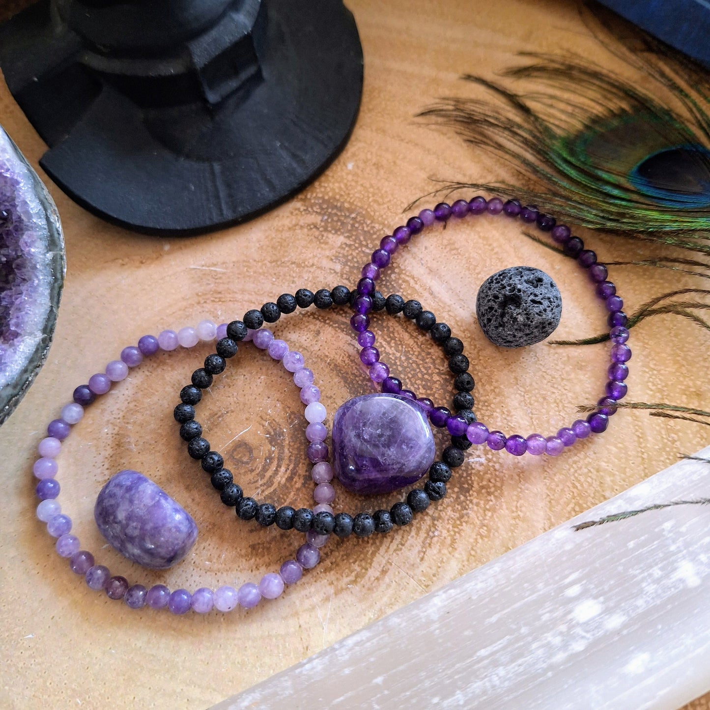 Amethyst purple Bracelet and tumblestone set stacking stretchy crystal healing third eye chakra gift for her or him jasper