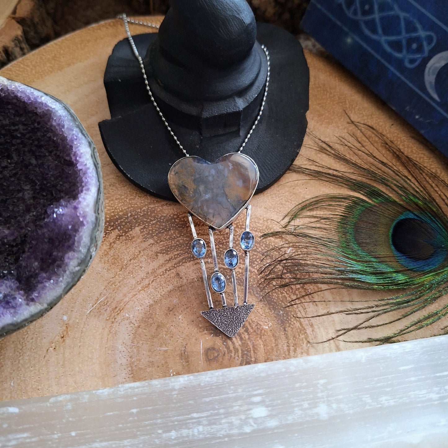 Green moss agate and blue topaz pendant necklace in 925 silver crystal healing natural stone witchy jewellery for him or her