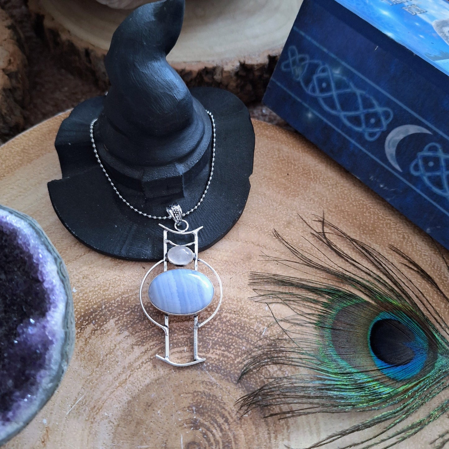 Blue lace agate and rose quartz necklace 925 silver pendant crystal healing throat chakra natural Stone witchy jewellery