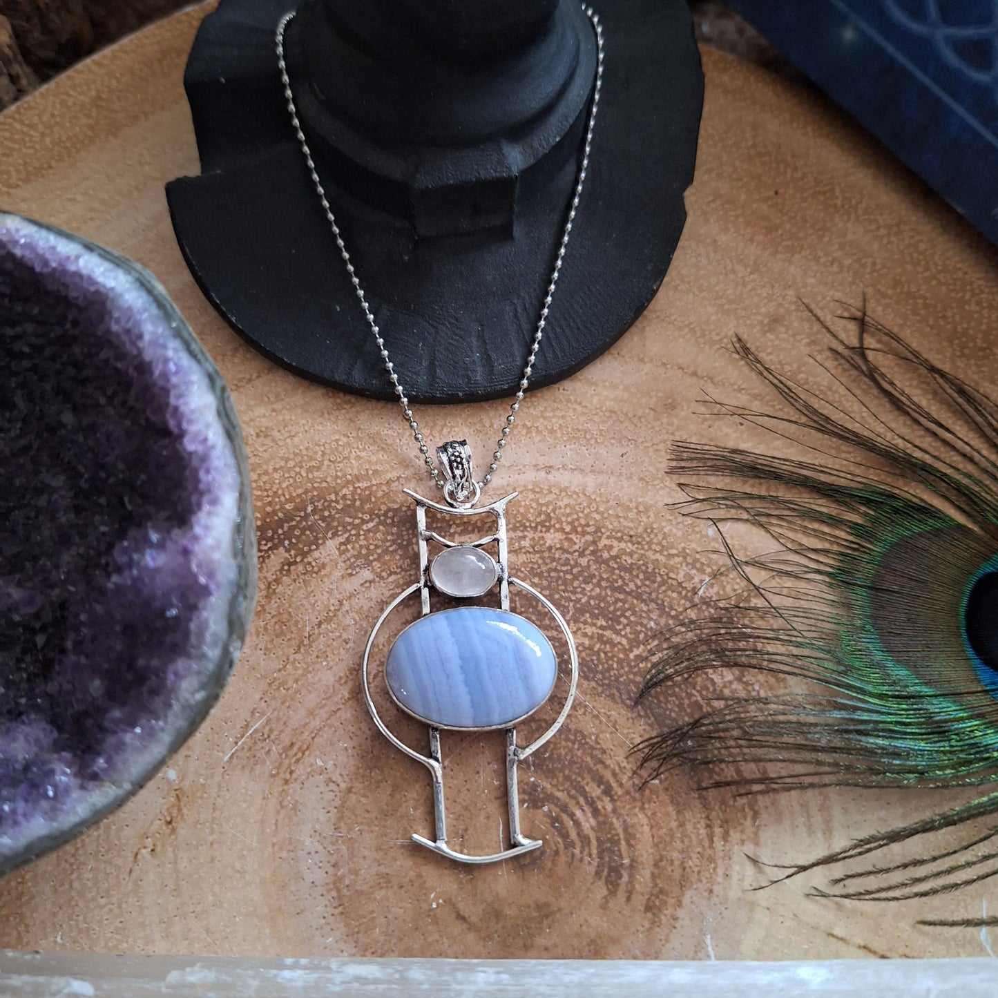 Blue lace agate and rose quartz necklace 925 silver pendant crystal healing throat chakra natural Stone witchy jewellery