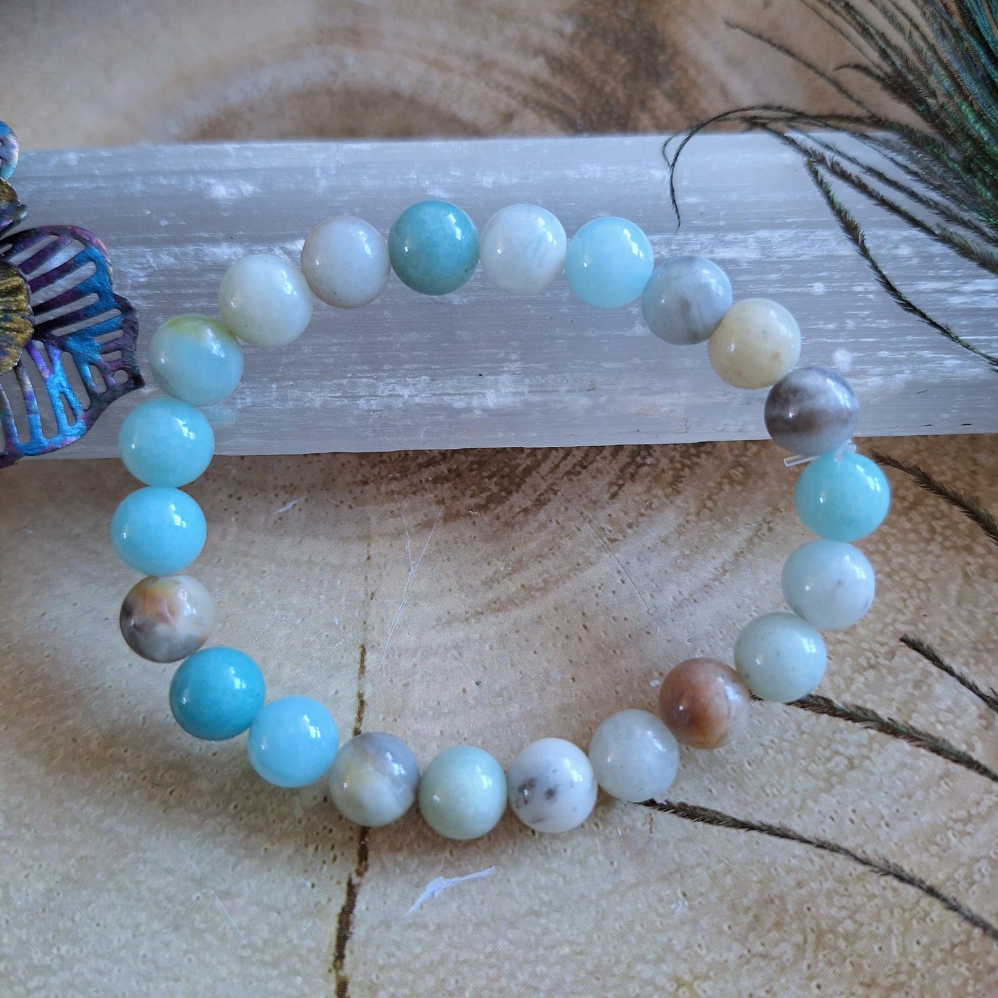 Flower amazonite bracelet crystal healing jewellery natural stone stretchy stacking bracelet gift for him or her